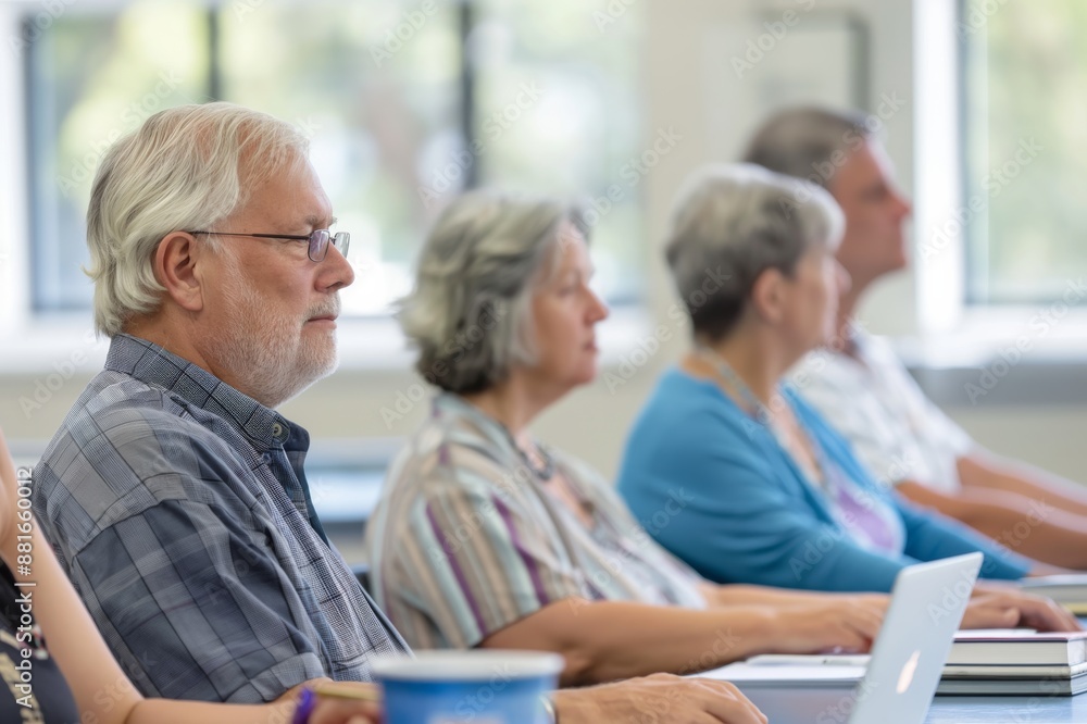 Poster senior adults engage in academic courses for personal development and knowledge. interactive classro