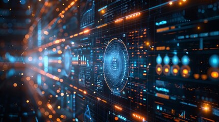 A close-up of a digital holographic projection with interactive elements and data points, providing a futuristic and engaging background. Great for technology, innovation,  AI Generative.