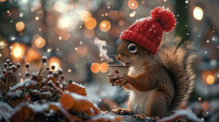 Fototapeta premium Cute Squirrel in Winter Hat Enjoying a Hot Drink - Generative AI