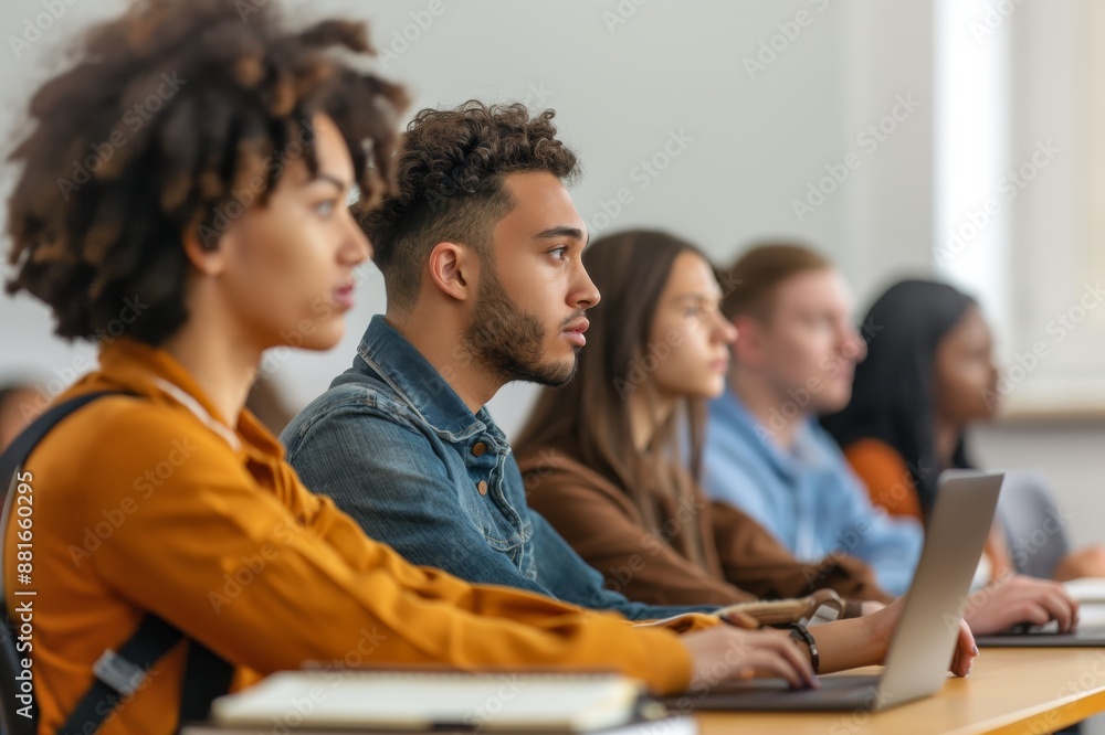 Poster In a university lecture, students from varying backgrounds are fully engaged, taking notes, and participating in academic discussions, fostering a collaborative and diverse learning environment