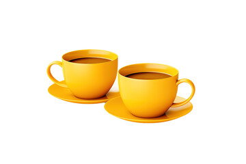 Obraz premium Dancing Delights: A Symphony of Two Yellow Coffee Cups on White or PNG Transparent Background.