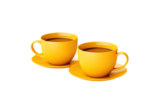 Dancing Delights: A Symphony of Two Yellow Coffee Cups on White or PNG Transparent Background. - Powered by Adobe