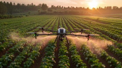 Aerial view of a drone spraying pesticides over crop fields at sunset, showcasing advanced farming techniques and innovation in agriculture, AI generative.
