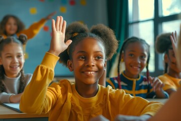 A joyful and diverse group of children are actively participating in classroom learning with their teacher. The students are engaged, raising hands, and smiling during the educational activities