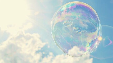 Iridescent soap bubble floating against softly blurred pastel bokeh background. Concept of delicate, colorful, dreamy, ethereal.. Copy space