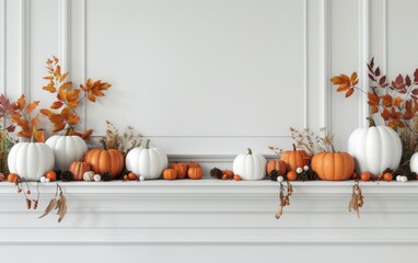 fall home decor with pumpkins and leaves on a mantle close up, seasonal aesthetics, whimsical, Composite, living room backdrop