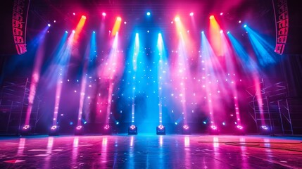 A colorful neon-lit concert stage with bright lights and fog, creating an electrifying atmosphere. AI Generative.