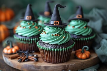 Halloween-themed witch hat cupcakes with chocolate cones and green frosting, perfect for festive treats AI Generative.