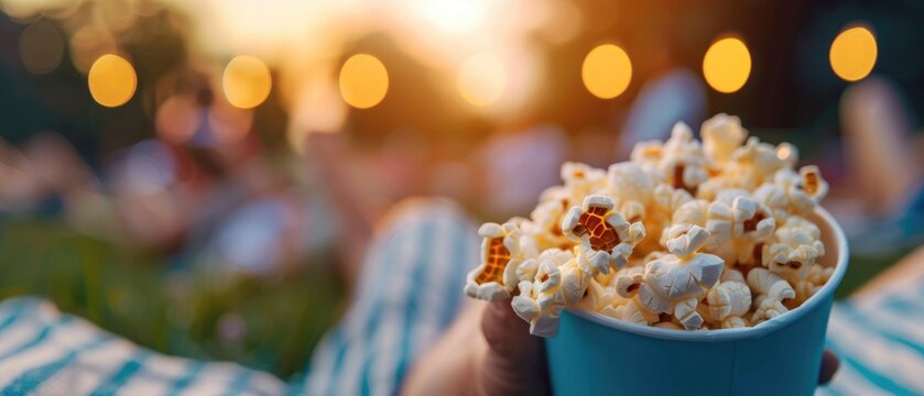 outdoor movie screening with people on blankets selective focus, cinema under the stars, whimsical, Fusion, town square backdrop - Powered by Adobe