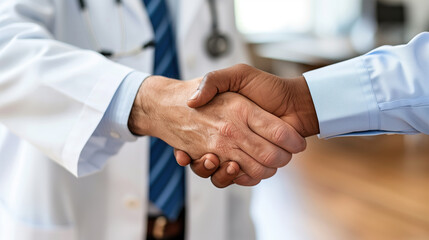 Close up doctor hands shake with hospital background.