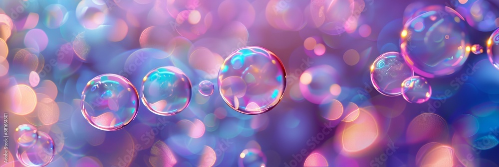 Poster abstract background with multiple soap bubbles in a colorful defocused bokeh. concept of iridescent 