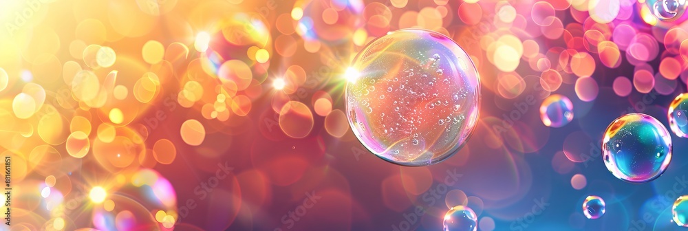Poster abstract background with multiple soap bubbles in a colorful defocused bokeh. concept of iridescent 