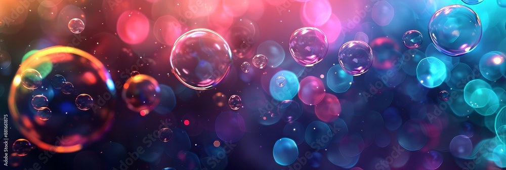 Poster abstract background with multiple soap bubbles in a colorful defocused bokeh. concept of iridescent 