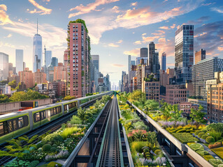 Fototapeta premium A cityscape featuring green roofs, urban gardens, and public transportation, representing sustainable living and innovative green initiativeshighly details , 8K