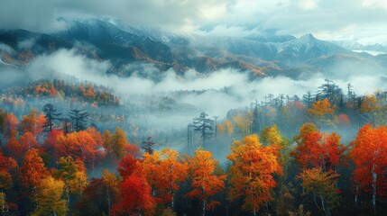 Autumn mountains, vibrant foliage, misty valleys, crisp air, scenic and peaceful, early morning light