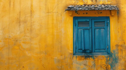 Antique blue window against yellow backdrop with text space
