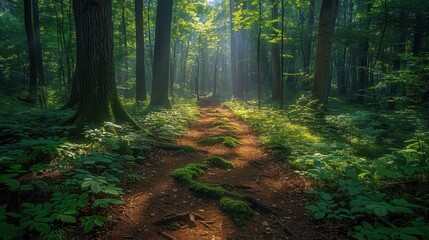 Obraz premium Summer forest trail, sunlight filtering through trees, vibrant green leaves, warm and inviting