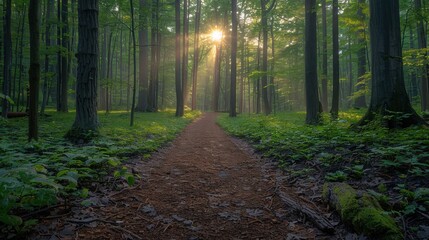Obraz premium Summer forest trail, sunlight filtering through trees, vibrant green leaves, warm and inviting