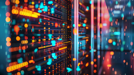 Obraz premium A close-up of server racks with blinking lights in a data center, symbolizing the backbone of internet access and network infrastructurevector illustrations