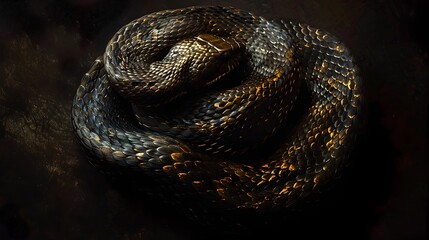 Fototapeta premium Mesmerizing Coiled Snake in Serene Repose Casting Hypnotic Shadows