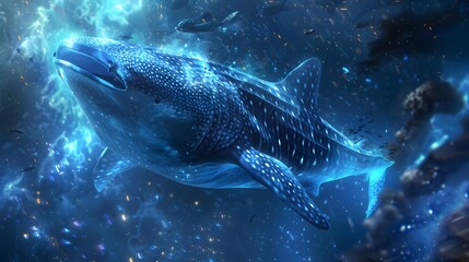 Fototapeta premium Majestic Whale Sharks and Manta Rays Gliding Through the Mysterious Bioluminescent Deep Sea