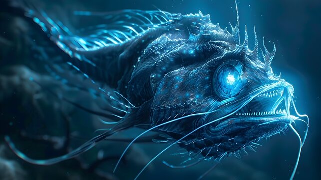 Bioluminescent Deep Sea Angler Fish and Ethereal Glowing Creatures in Cinematic Long Exposure Moody Atmospheric Underwater Scene