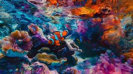 Naklejka premium Kaleidoscopic Coral Reef Oasis with Clownfish and Vibrant Chromatic Patterns