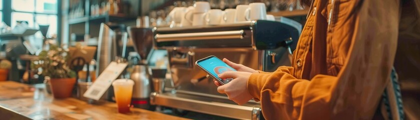 A customer making a mobile payment at a trendy cafe, with a close-up of the smartphone screen showing a successful digital transactionhighly details , 8K