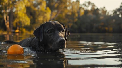 Loyal Labrador Retrieving Ball from Tranquil Lake in Warm Autumn Hues