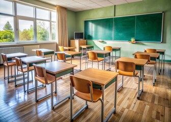 A tidy classroom with a vacant teacher's desk, chalkboard, and student chairs awaiting the return of an instructor and pupils for the next lesson.