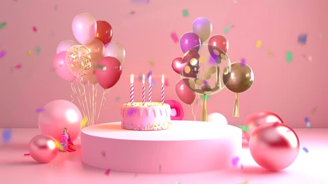 Birthday cake with candles and balloons. Seamless loop video background
