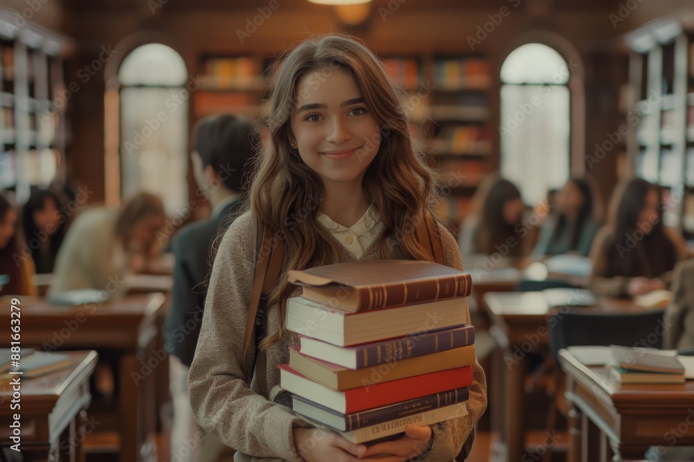 Aufkleber The student is fully engaged in the library, surrounded by books, creating a scholarly atmosphere. Prioritizing studies and learning results in a dynamic environment for academic pursuits
