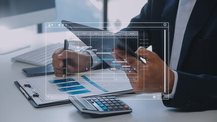 Project manager working with Gantt chart schedule to plan tasks and deliverables. Scheduling activities with a planning software, Corporate strategy for finance, operations, sales, marketing.