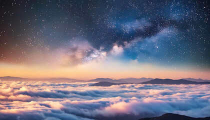 Fototapeta premium Dramatic orange and red hues paint the cloudscape at dusk, transforming the mountain landscape from a bright summer scene to a beautiful evening display