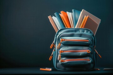 Close-up of an open school bag with books and supplies spilling out, school bag, preparation and organization