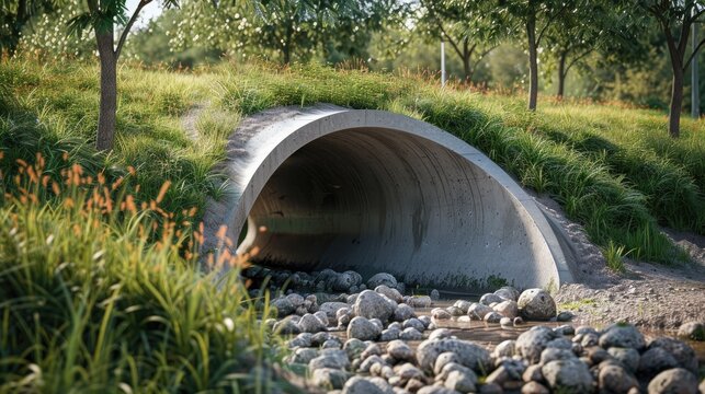 Concrete headwall for drainage pipe under street rainwater culvert with horizontal orientation