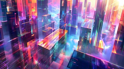Kaleidoscopic Holographic Cityscape with Geometric Architectural Reflections and Luminous Prismatic Glow