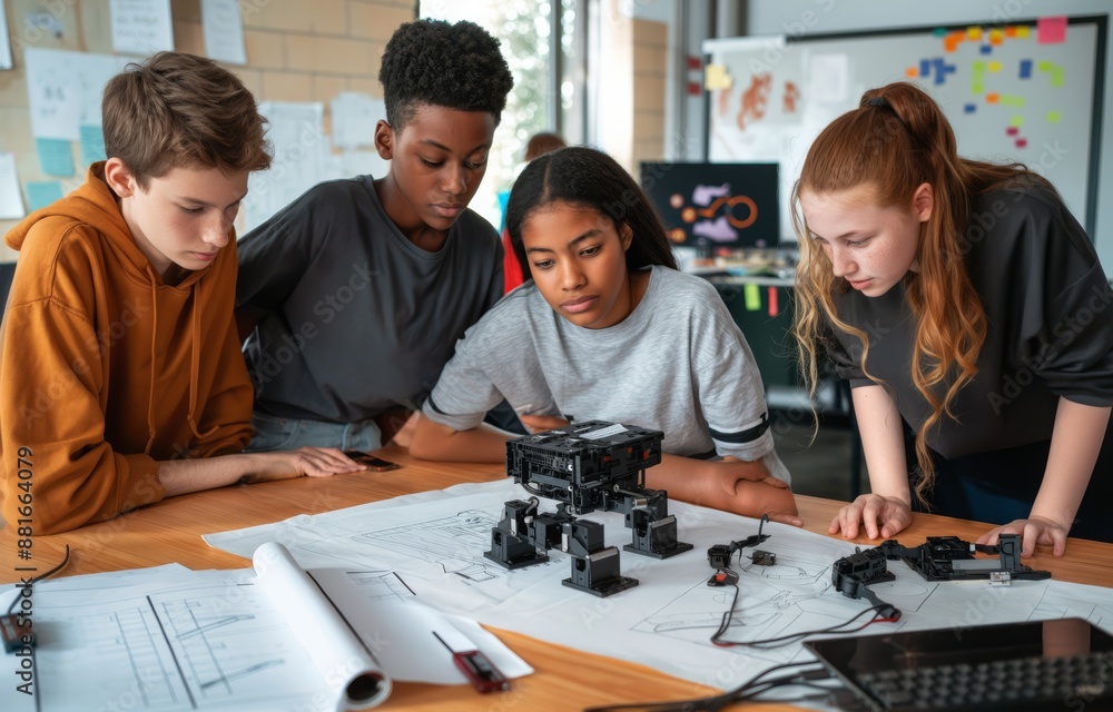 Leinwandbilder In a classroom setting, teenagers collaborate on a robotics project, utilizing blueprints and components to enhance their STEM skills and teamwork, fostering innovation and knowledge sharing