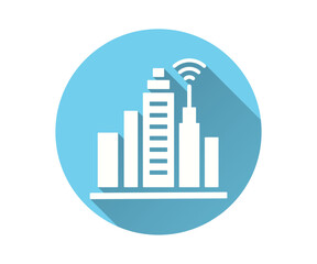 Fototapeta premium Simple icon of a smart city or technology hub, designed with a long shadow in flat style.