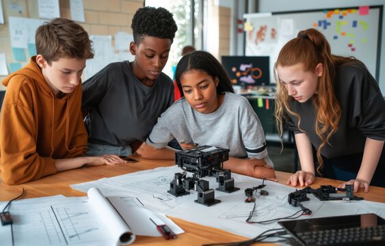 In a classroom setting, teenagers collaborate on a robotics project, utilizing blueprints and components to enhance their STEM skills and teamwork, fostering innovation and knowledge sharing