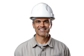 European public works worker smiling on transparent background. Subjects related to public works. Construction profession. Transparent background png cutouts. Job offer. European country. America.
