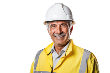 European public works worker smiling on transparent background. Subjects related to public works. Construction profession. Transparent background png cutouts. Job offer. European country. America.
