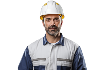 European public works worker smiling on transparent background. Subjects related to public works. Construction profession. Transparent background png cutouts. Job offer. European country. America.