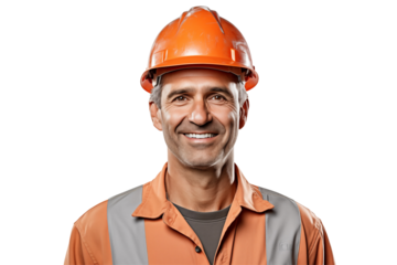 European public works worker smiling on transparent background. Subjects related to public works. Construction profession. Transparent background png cutouts. Job offer. European country. America.