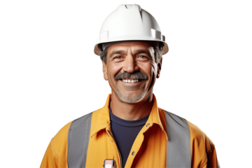 European public works worker smiling on transparent background. Subjects related to public works. Construction profession. Transparent background png cutouts. Job offer. European country. America.