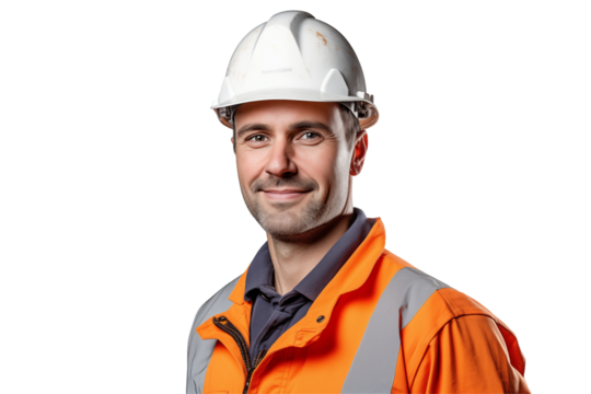 European public works worker smiling on transparent background. Subjects related to public works. Construction profession. Transparent background png cutouts. Job offer. European country. America.