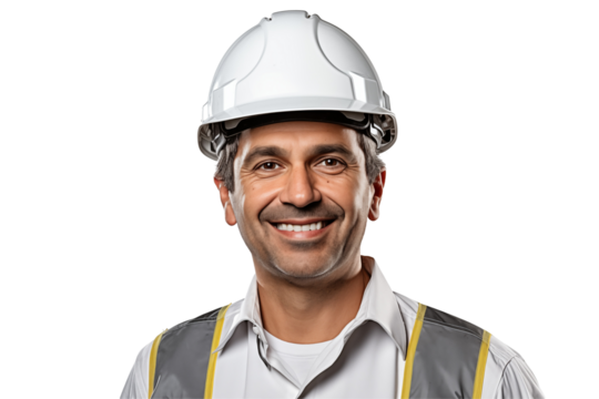 European public works worker smiling on transparent background. Subjects related to public works. Construction profession. Transparent background png cutouts. Job offer. European country. America.