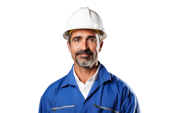 European public works worker smiling on transparent background. Subjects related to public works. Construction profession. Transparent background png cutouts. Job offer. European country. America.