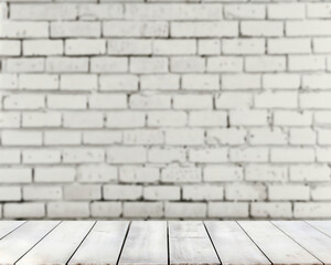 Fototapeta premium Empty white wooden tabletop providing space for products and blurred white brick wall