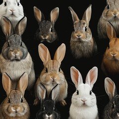 close up bunch rabbits black background